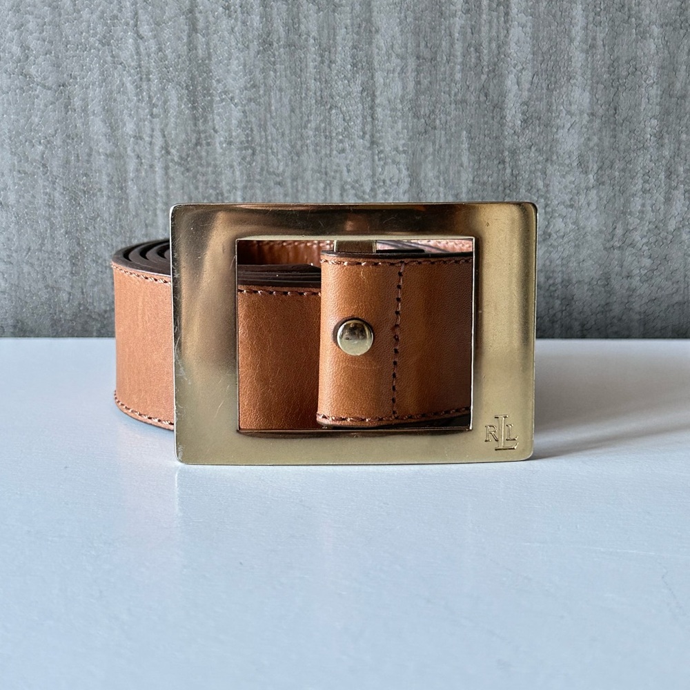 Lauren Ralph Lauren Women’s Brown Leather Belt With Gold Square Buckle Size XL